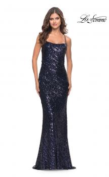 Picture of: Long Sequin Dress with Lace Up Strappy Back in Navy, Style: 31518, Main Picture