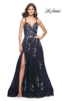 Picture of: A-Line Tulle and Floral Sequin Gown with High Slit in Navy, Style: 31936, Main Picture