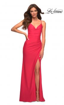 Picture of: Long Hot Coral Dress with Flattering Ruching and Slit in Orange, Style: 30444, Main Picture