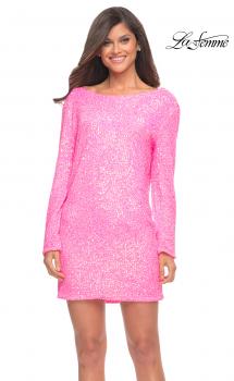 Picture of: Long Sleeve Sequined Shift Homecoming Dress in Neon Pink, Main Picture