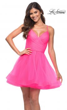 Picture of: Neon Short Fit and Flare Tulle Dress with Open Back in Neon Pink, Main Picture