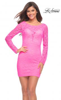 Picture of: Neon Long Sleeve Stretch Lace Dress with Sheer Lace Back in Neon Pink, Main Picture