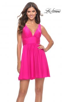Picture of: Short Flare Dress with V Neckline and Fitted Waist in Neon Pink in Neon Pink, Style: 30979, Main Picture