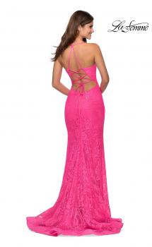 Picture of: Lace Prom Gown with Rhinestones and Tie Up Back in Neon Pink, Style: 28548, Main Picture