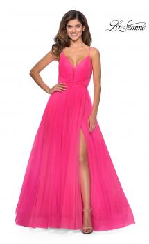 Picture of: Long Tulle Prom Dress with Criss Cross Bodice Detail in Neon Pink, Style: 28893, Main Picture