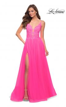 Picture of: A Line Tulle Gown with Lace Bodice and V Back in Neon Pink, Style 29964, Main Picture