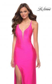 Picture of: Neon Prom Gown with Rhinestone Fabric and Deep V in Neon Pink, Style 29969, Main Picture