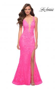 Picture of: Stretch Lace Gown with Slit and Open Keyhole Back in Neon Pink, Style 29978, Main Picture