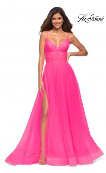 Picture of: Neon Pink Tulle A-line Prom Dress with Corset Sheer Bodice in Neon Pink, Main Picture