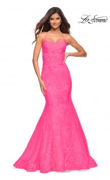 Picture of: Neon Pink Mermaid Lace Gown with Sheer Bodice and Open Back in Neon Pink, Main Picture