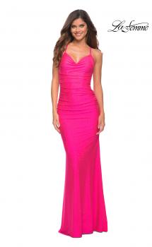 Picture of: Sparkle Rhinestone Long Jersey Prom Dress in Neon Pink in Neon Pink, Main Picture
