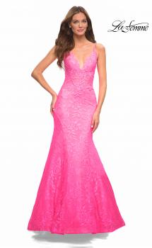 Picture of: Neon Pink Mermaid Lace Prom Dress with Sheer Jeweled Bodice in Pink, Style: 30663, Main Picture