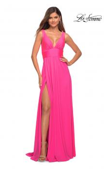 Picture of: Empire Waist Gown with Deep V Neckline in Neon in Neon Pink, Style: 30669, Main Picture