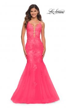 Picture of: Tulle and Lace Mermaid Gown in Neon Pink in Neon Pink, Main Picture