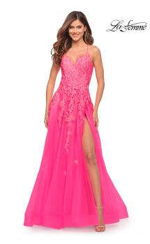 Picture of: Gorgeous Lace and Tulle Ball Gown with High Slit in Neon Pink in Neon Pink, Style: 30693, Main Picture
