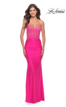 Picture of: Stunning Strapless Jeweled Lace and Jersey Dress in Neon Pink, Style: 30696, Main Picture