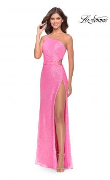 Picture of: One Shoulder Sequin Dress with Circle Cut Out in Neon in Neon Pink, Style: 31213, Main Picture