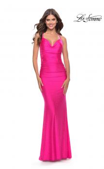 Picture of: Open Lace Up Back Long Gown with Lace Side Detail in Neon Pink, Style: 31365, Main Picture