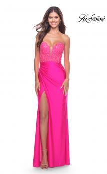 Picture of: Long Dress with Jersey Skirt and Lace Illusion Bodice in Neon in Neon Pink, Style: 31411, Main Picture