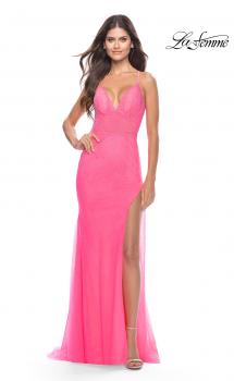 Picture of: Rhinestone Fully Embellished Prom Dress with Sheer Bodice in Neon in Neon Pink, Style: 31419, Main Picture