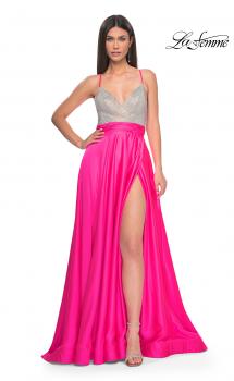 Picture of: Satin Gown with Sheer Rhinestone Bodice in Neon in Neon Pink, Style: 31448, Main Picture