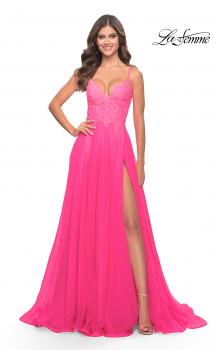 Picture of: A-line Gown with Sheer Floral Embellished Bodice in Neon Pink in Neon Pink, Style: 31506, Main Picture