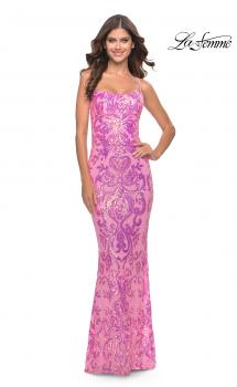 Picture of: Print Sequin Gown with Square Neckline in Neon Pink, Style: 31521, Main Picture