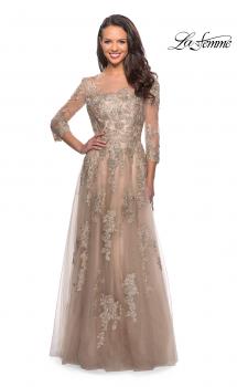 Picture of: Long Lace Dress with Sheer Three Quarter Sleeves in Nude, Style: 27733, Main Picture