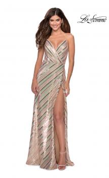 Picture of: Multi-Colored Striped Sequin Faux Wrap Prom Dress in Nude, Style: 28717, Main Picture