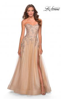 Picture of: Strapless Tulle Dress with Cascading Floral Detail in Nude, Style: 28599, Main Picture