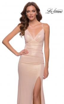 Picture of: Metallic Jersey Long Prom Dress with Lace Up Back in Nude, Style 29915, Main Picture