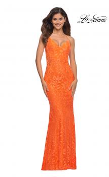 Picture of: Lace Prom Dress with Illusion Embellished Sides in Neon Colors in Orange, Main Picture