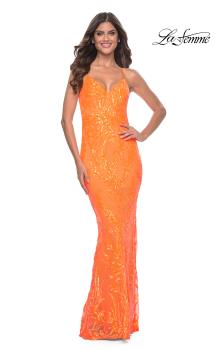 Picture of: Neon Fitted Print Sequin Pastel Prom Dress in Orange, Style: 32343, Main Picture