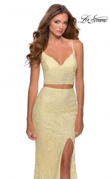 Picture of: Two Piece Lace Dress with Sheer Top and Rhinestones in Pale Yellow, Style: 28590, Main Picture