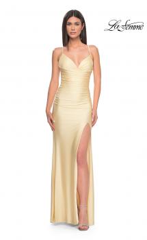 Picture of: Ruched Jersey Prom Dress with Slit in Pale Yellow, Style: 31131, Main Picture