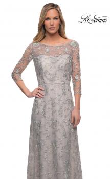 Picture of: Lace Dress with Three-Quarter Sleeves and Illusion Neckline in Pearl Silver, Main Picture