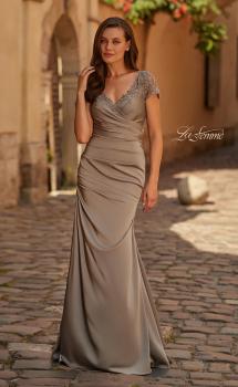 Brown Picture of: Ruched Satin Gown with Lace Cap Sleeves and Illusion Back in Pewter, Style: 32431, Main Picture