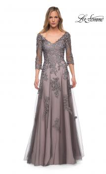 Picture of: A Line Gown with Sheer Three-Quarter Sleeves in Pink Gray, Main Picture