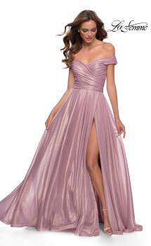 Picture of: Metallic Chiffon Gown with Off the Shoulder Top in Pink Metallic, Style 29172, Main Picture