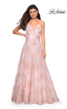 Picture of: Empire Waist Prom Dress with Metallic Floral Accents in Pink Multi, Style: 27549, Main Picture