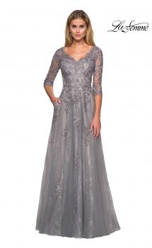 Picture of: Long Lace Gown with Sheer Sleeves and Pockets in Platinum, Style: 26959, Main Picture