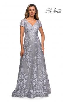 Picture of: Long Lace Evening Dress with Cap Sleeves in Platinum, Style: 27870, Main Picture