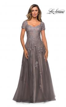 Picture of: A-line Dress with Lace Detail and Sheer Cap Sleeves in Platinum, Style: 28091, Main Picture