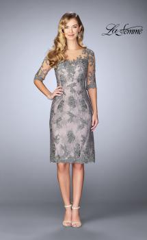 Picture of: Short Dress with Lace Applique and Illusion Sleeves in Platinum, Style: 24878, Main Picture