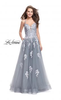 Picture of: Long Floral Lace Ball Gown with Tulle Skirt in Platinum, Style: 26236, Main Picture