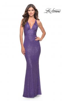 Picture of: Sequin Stretch Long Prom Dress with Banded Waist in Purple, Style: 31409, Main Picture