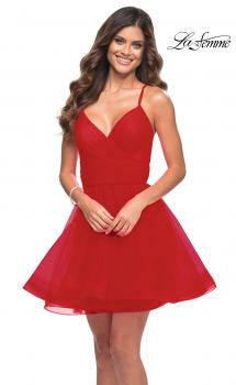 Picture of: Short Fit and Flare Tulle Dress with Open Back in Red, Main Picture