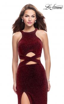 Picture of: Long Jersey Prom Dress with Cut Outs and Low Scoop Back in Red, Style: 25422, Main Picture
