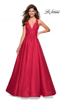 Picture of: Floor Length Mikado Gown with Lace and Rhinestones in Red, Style: 27529, Main Picture