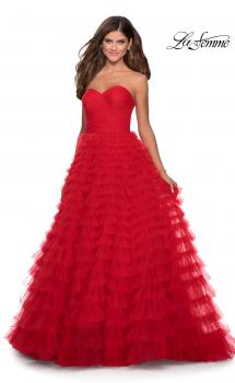 Picture of: Cascading Tulle Strapless Gown with Ruching in Red, Style: 28345, Main Picture